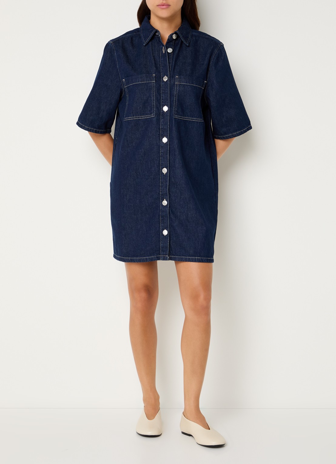 SAMSØE SAMSØE Satilly mini denim blousejurk met borstzakken - voorkant 4 indigo