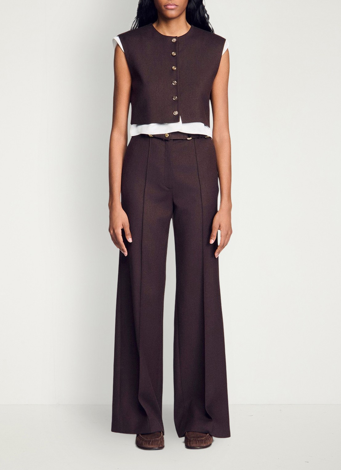 Sandro 2-in-1 crop top in wolblend - voorkant 2 lichtbruin