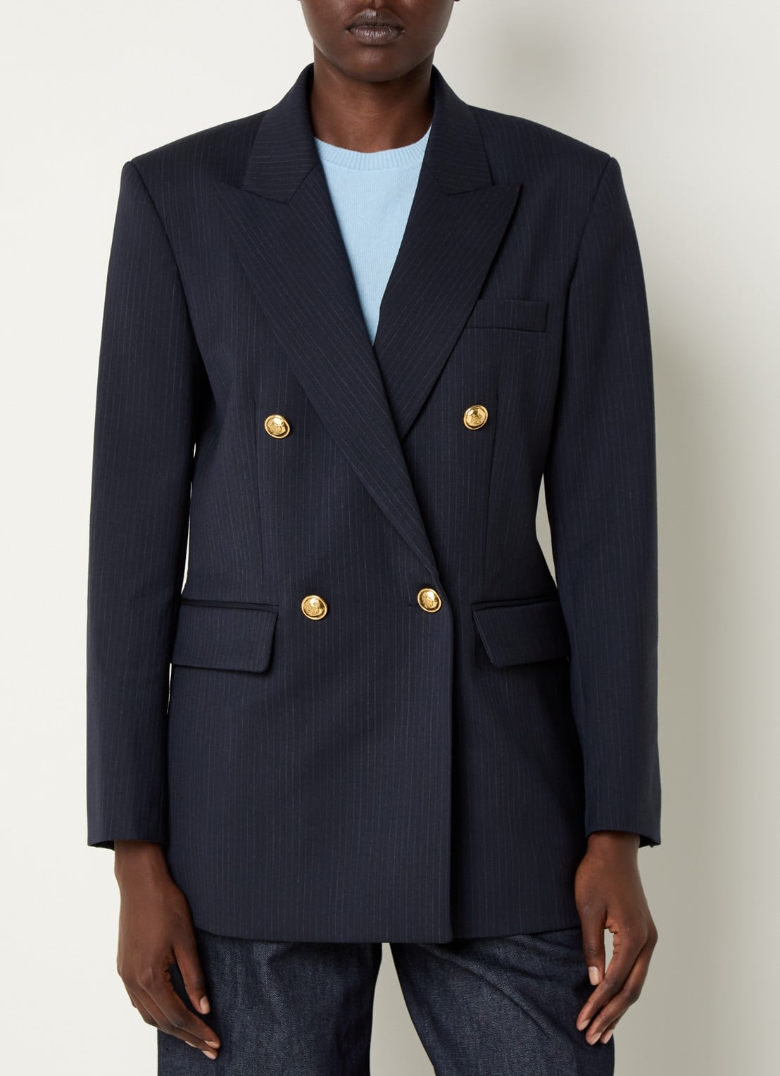 Sandro Blazer in wolblend met schoudervulling en streepprint - detail 4 donkerblauw