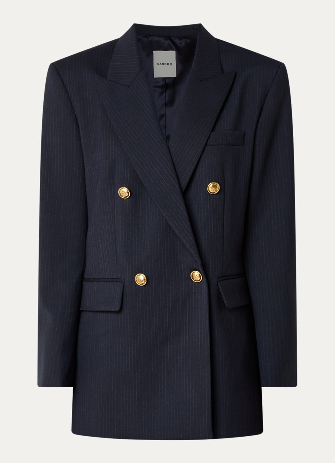 Sandro Blazer in wolblend met schoudervulling en streepprint - voorkant 2 donkerblauw