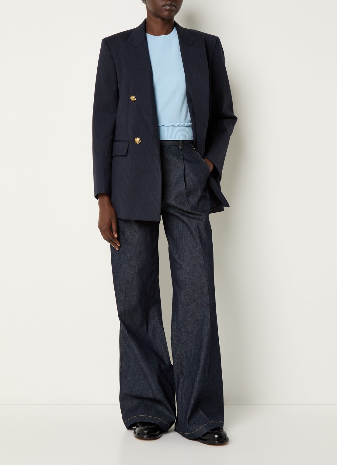 Sandro Blazer in wolblend met schoudervulling en streepprint - voorkant 3 donkerblauw