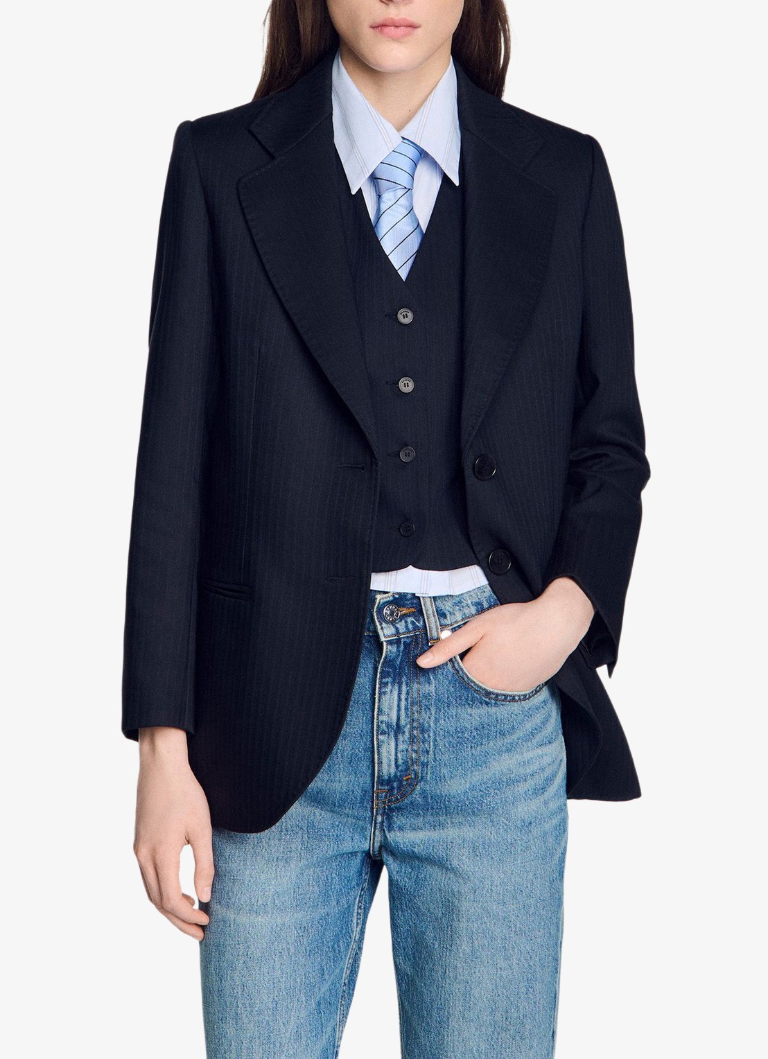 Sandro Blazer van wolblend met krijtstreep - detail blauw