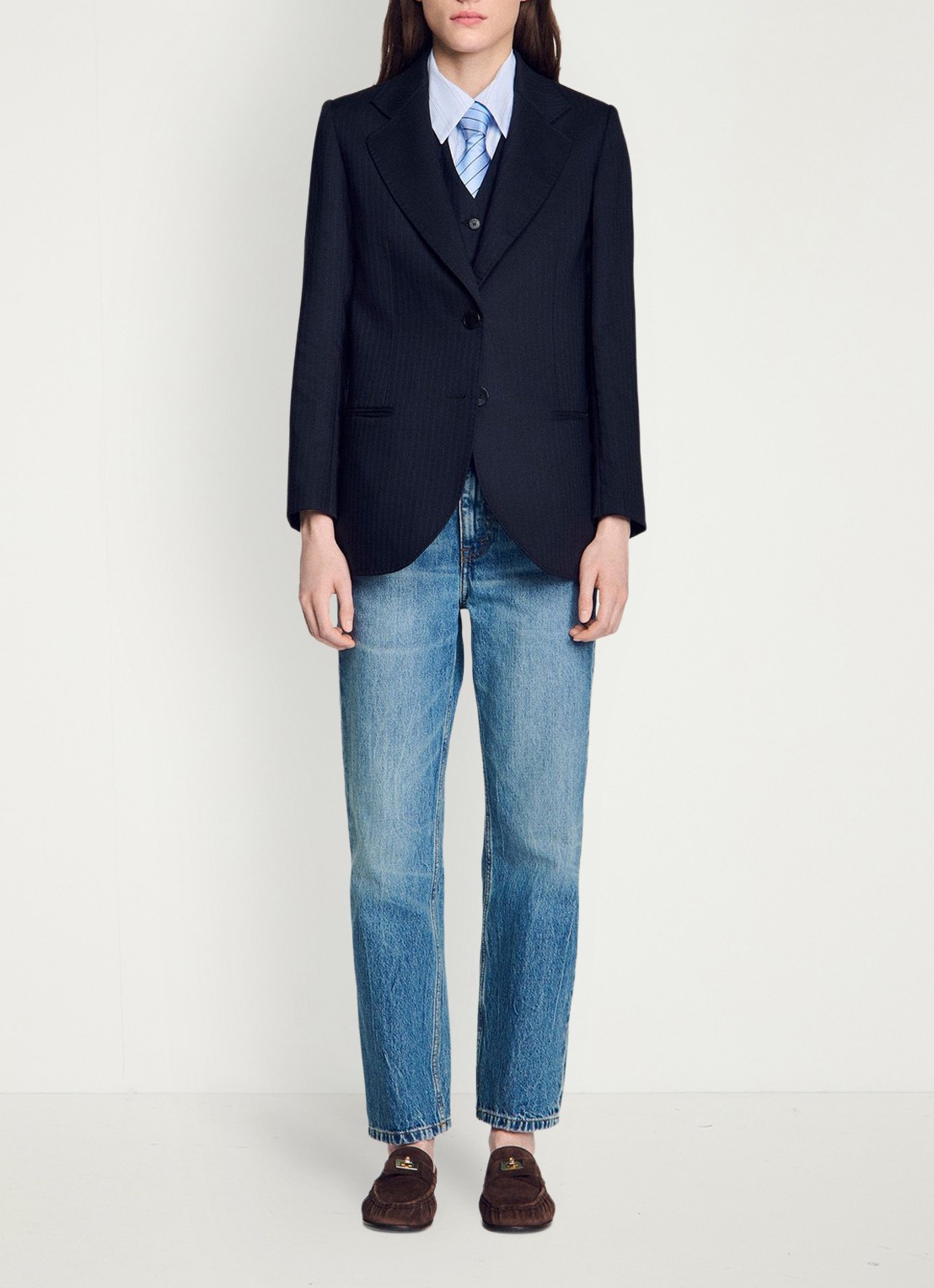 Sandro Blazer van wolblend met krijtstreep - detail 4 blauw