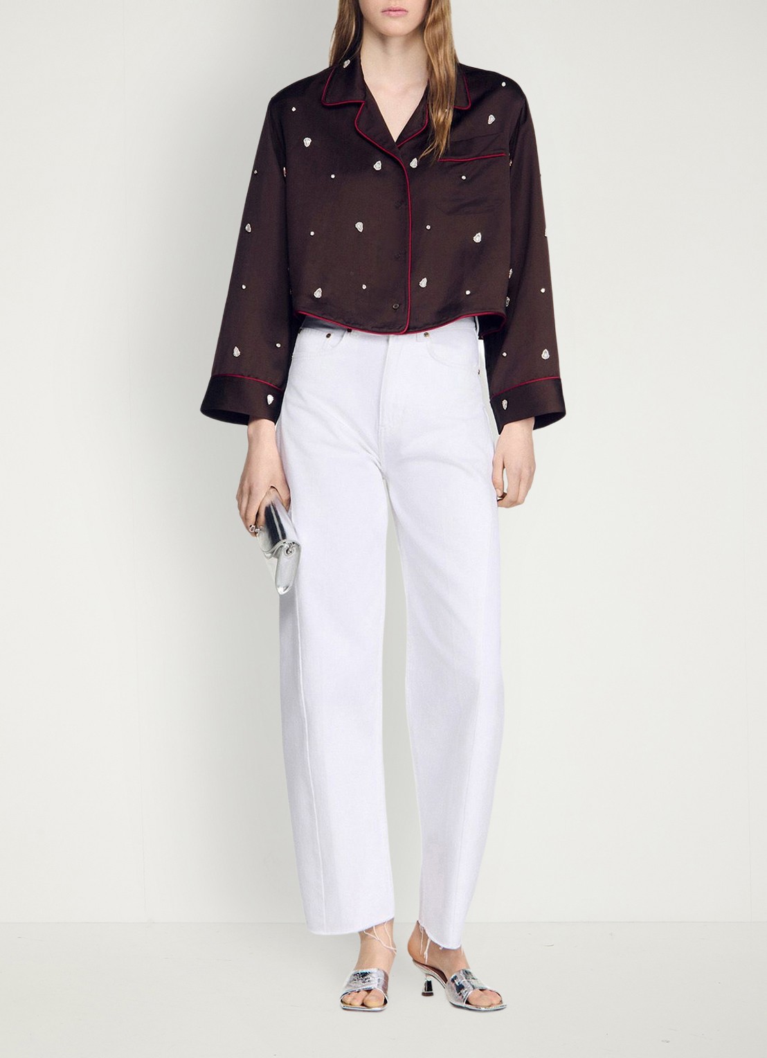 Sandro Blouse in linnenblend met strass - voorkant 2 bruin