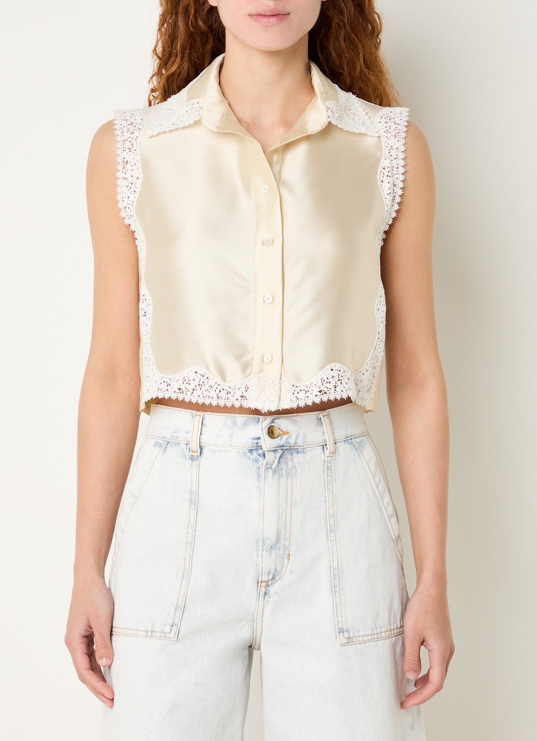 Sandro Blouse in zijdeblend met broderie - detail 4 vanillegeel