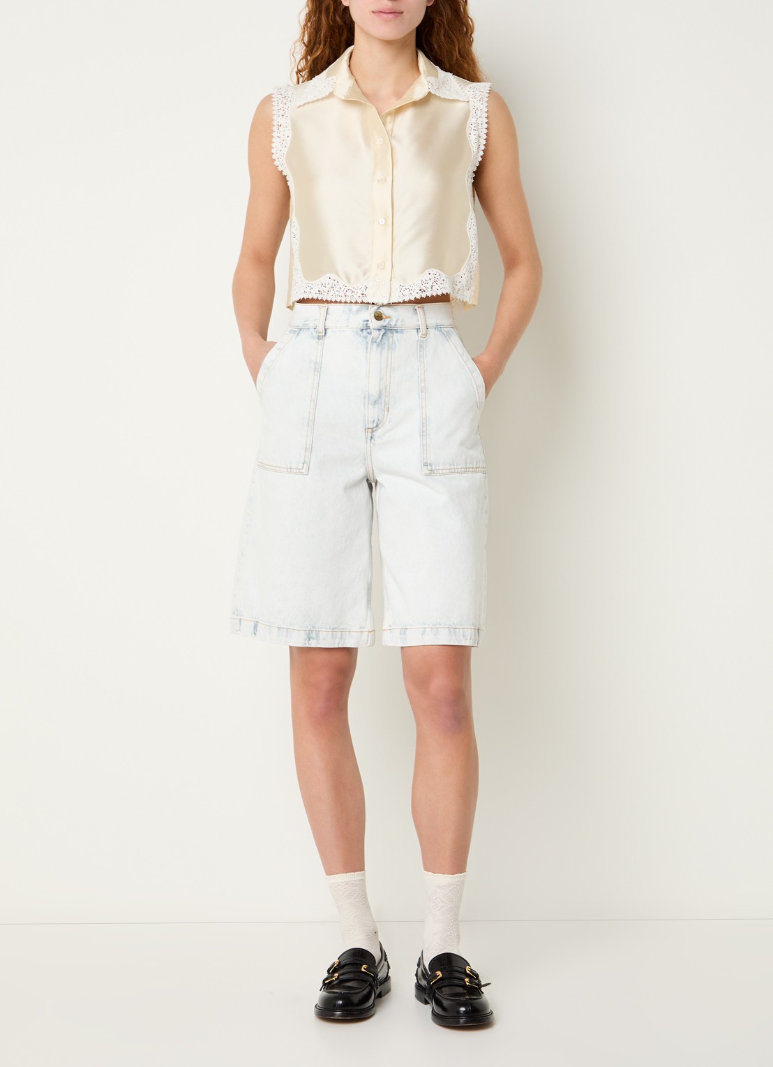 Sandro Blouse in zijdeblend met broderie - voorkant 2 vanillegeel