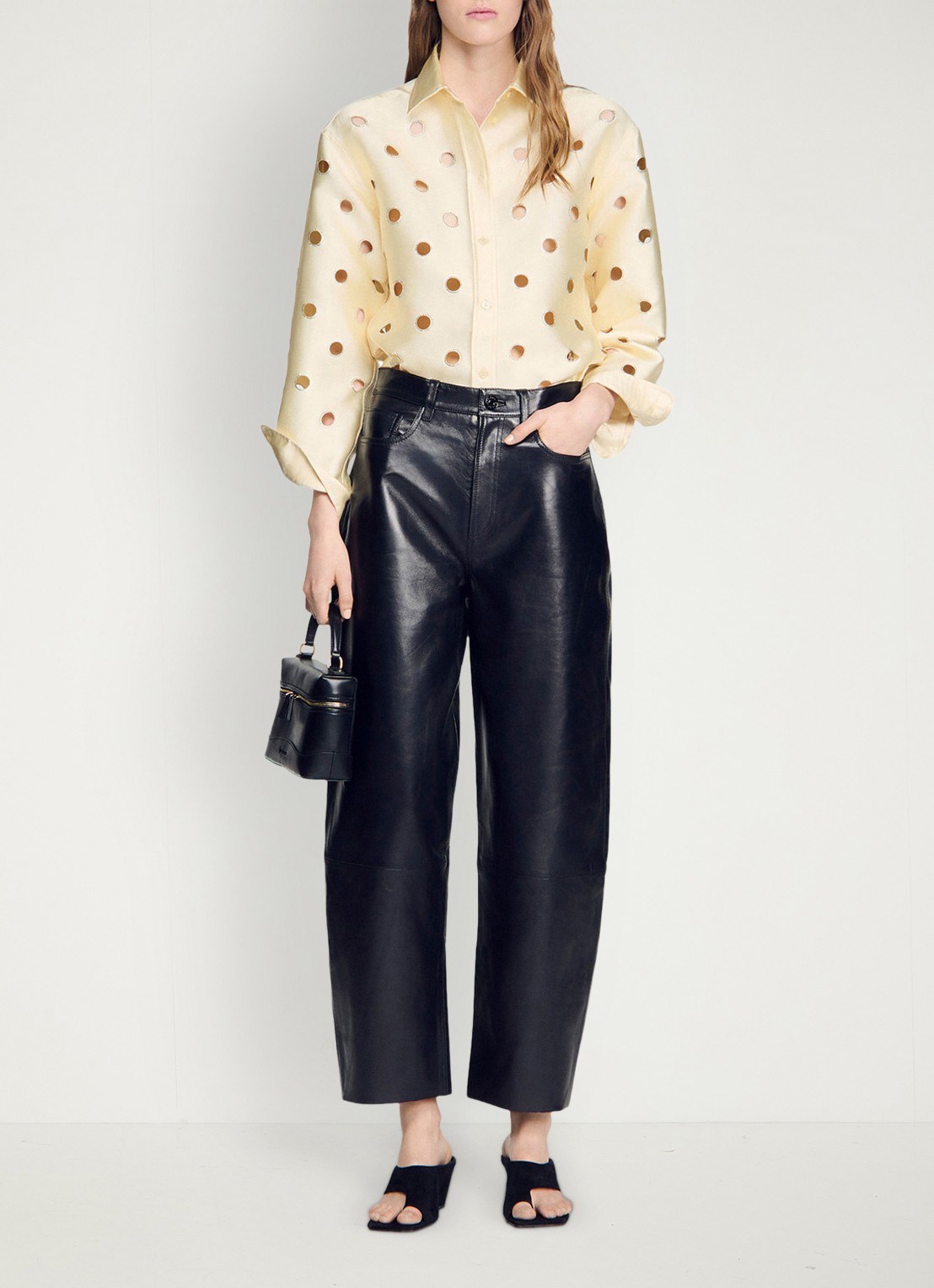 Sandro Blouse met opengewerkt dessin en strass - voorkant 3 vanillegeel