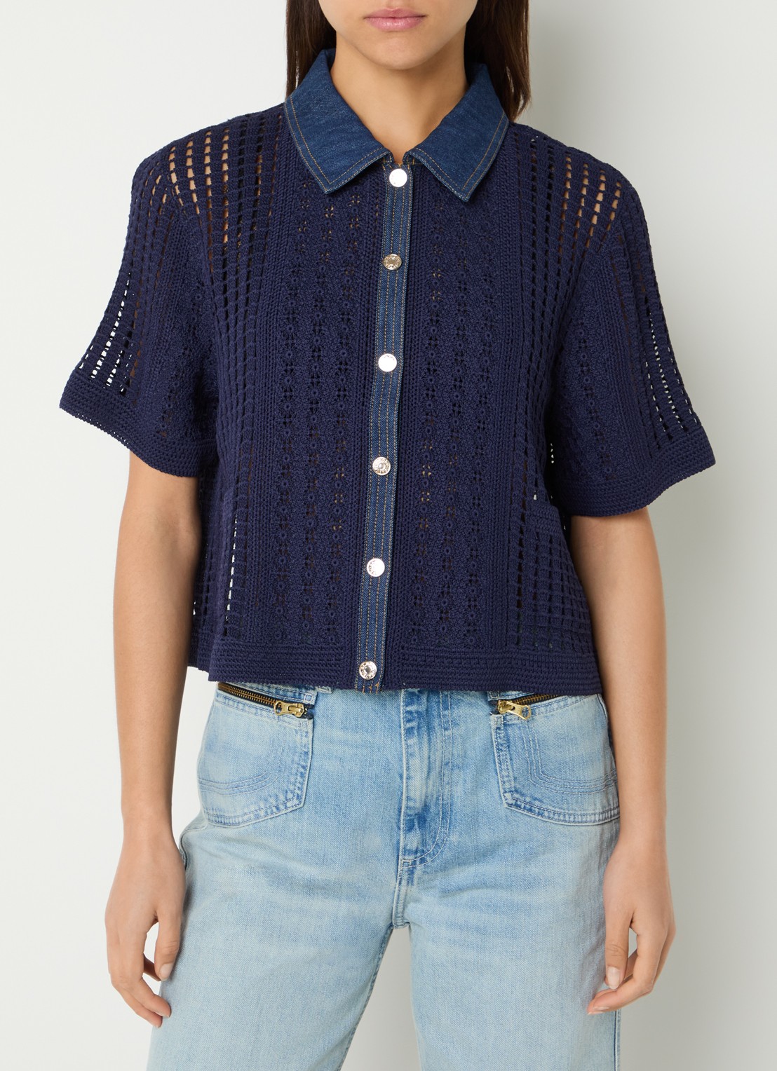 Sandro Blouse met opengewerkt dessin - detail donkerblauw