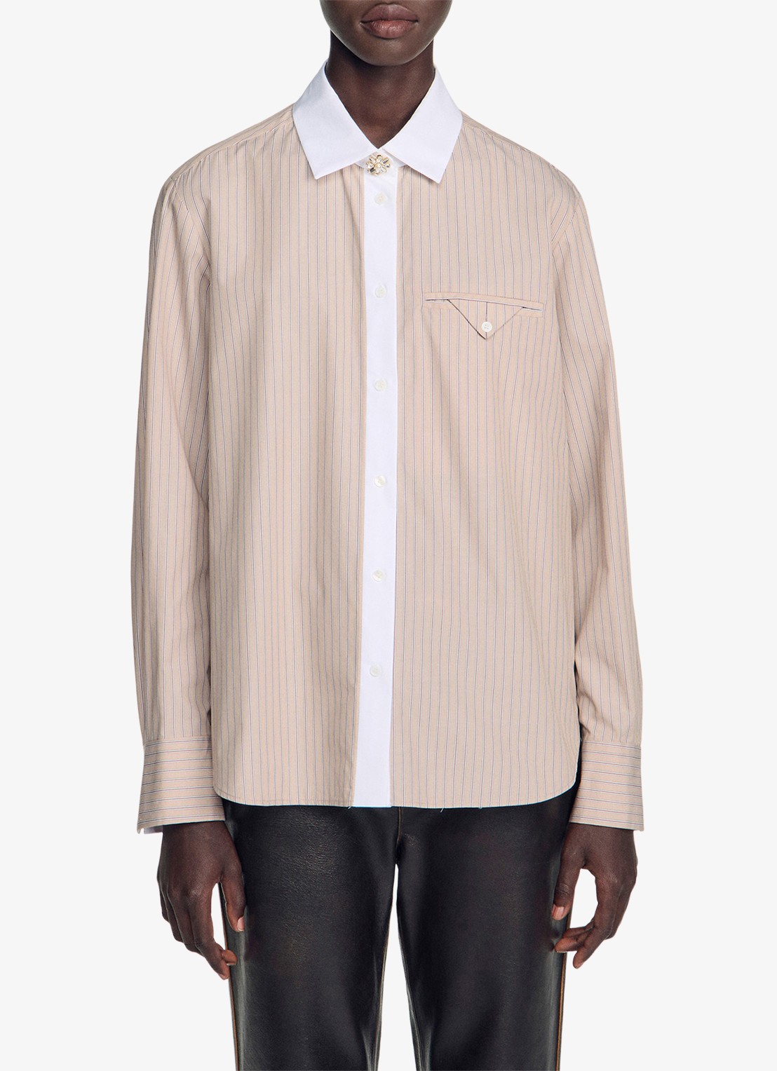 Sandro Blouse met streepprint en borstzak - detail 5 beige / beige