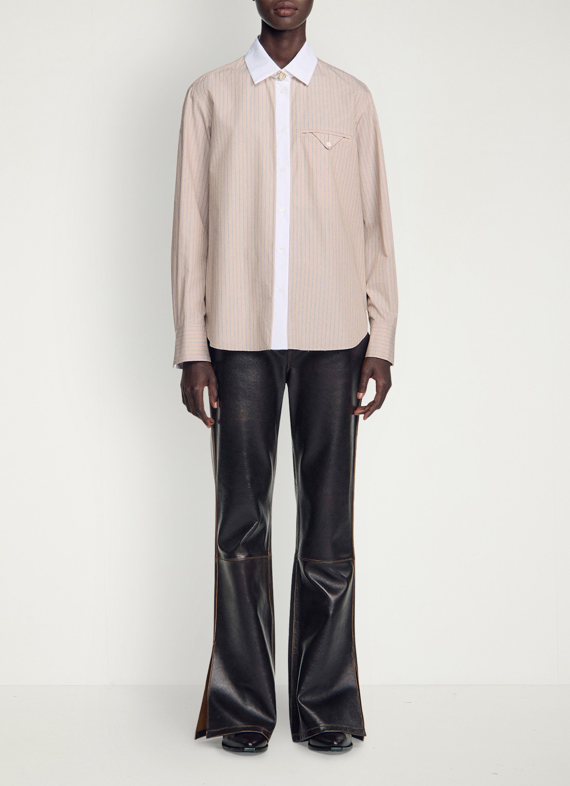 Sandro Blouse met streepprint en borstzak - voorkant 2 beige / beige