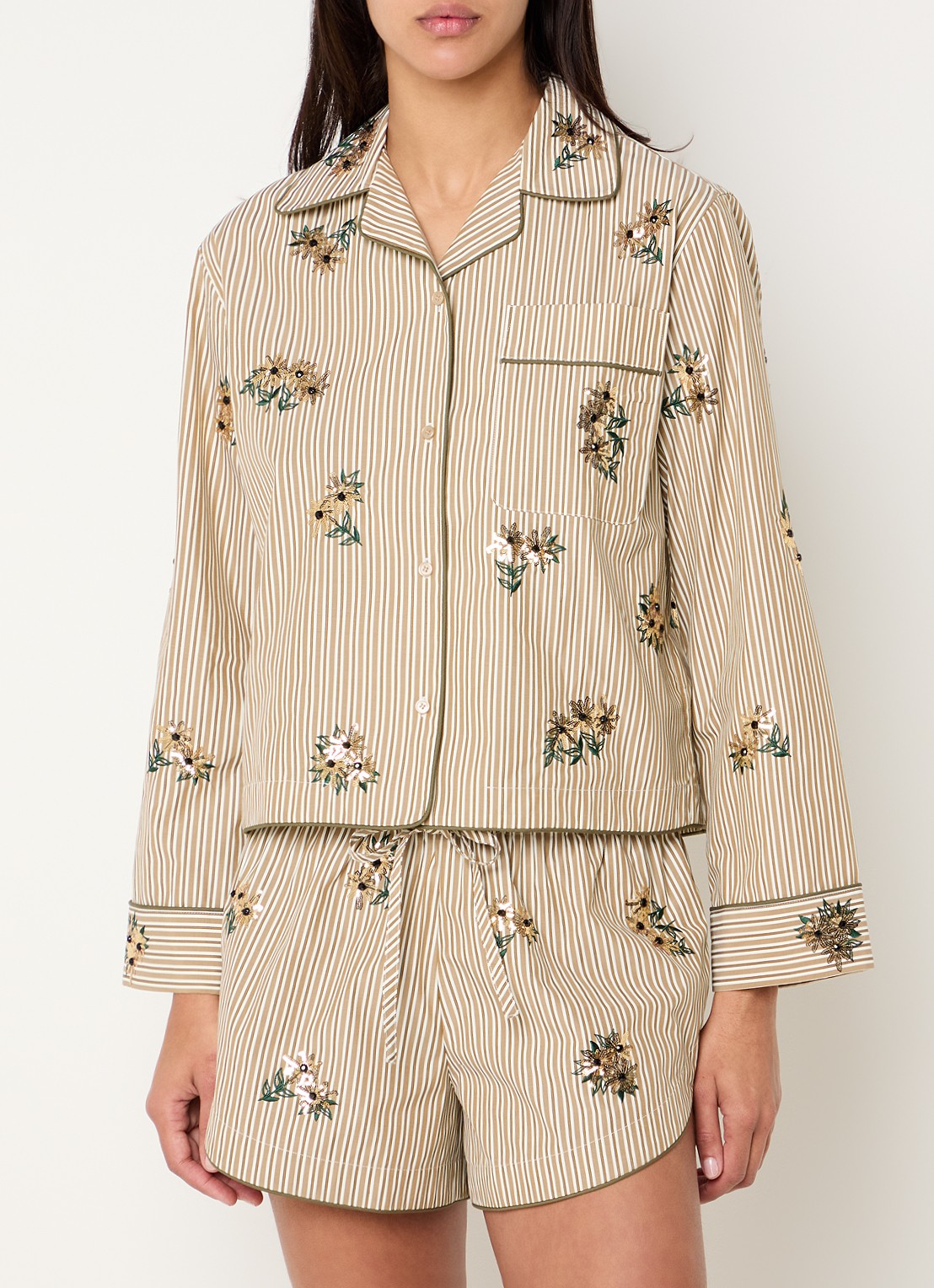 Sandro Blouse met streepprint en pailletten - detail 2 camel