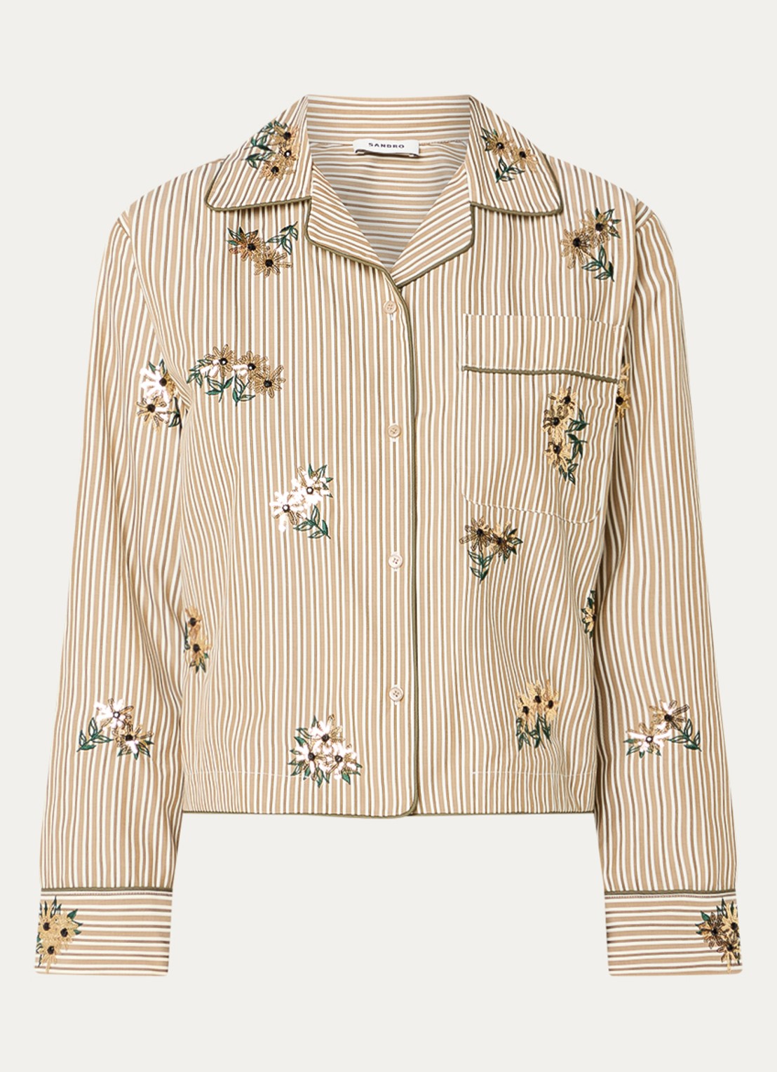 Sandro Blouse met streepprint en pailletten - voorkant 3 camel