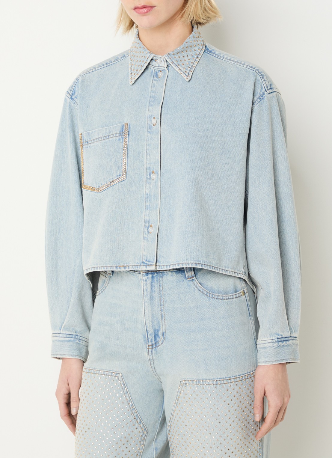 Sandro Blouse van denim met borstzak en strass - detail 4 indigo