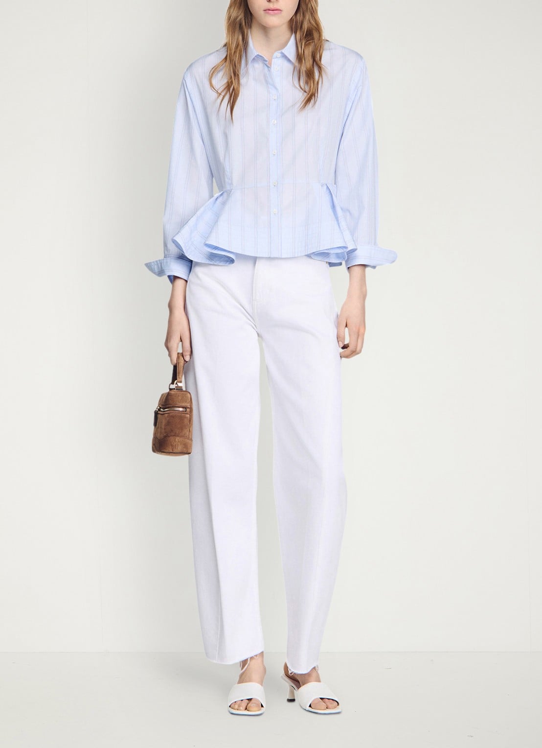 Sandro Blouse van katoen met peplum en strepen - voorkant 6 sky blue / blauw
