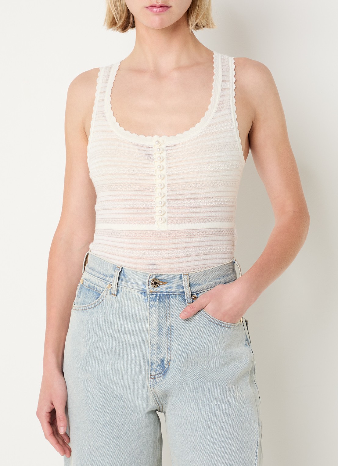 Sandro Body top in wolblend met imitatieparels en ingebreid patroon - detail 4 creme