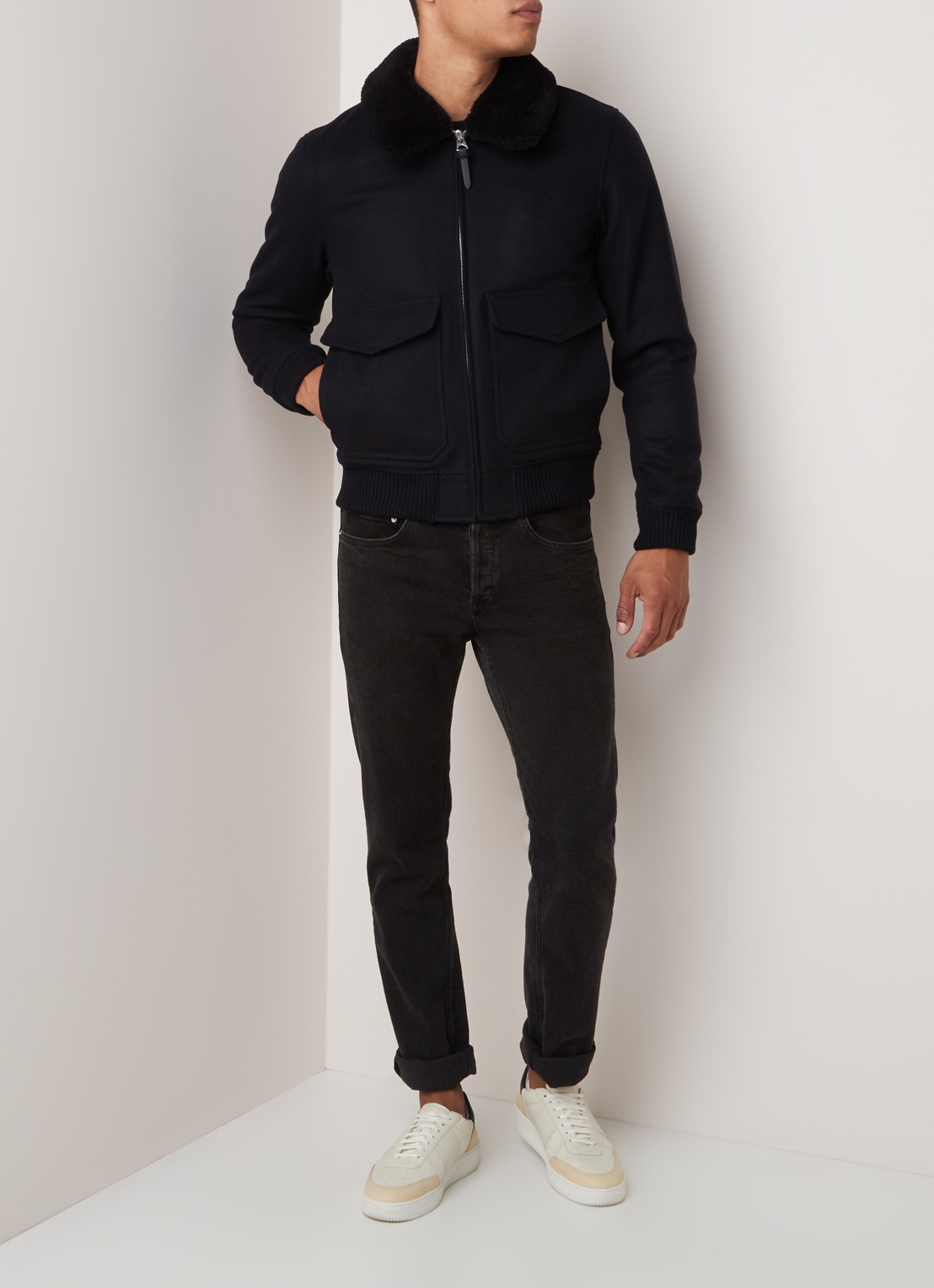Sandro Bomberjack in kasjmierblend met afneembare teddy kraag - voorkant 3 donkerblauw