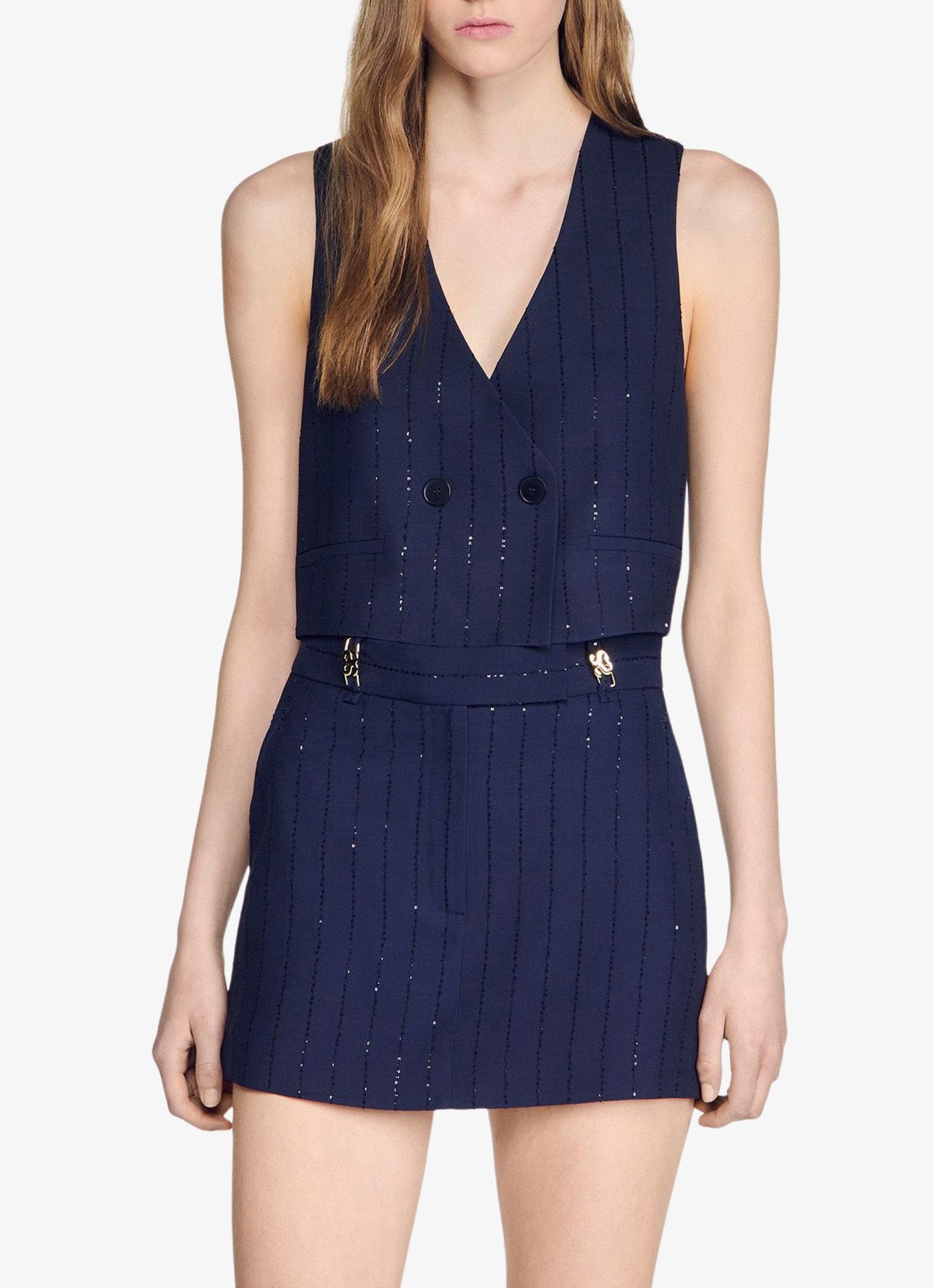 Sandro Broek rok met streep detail en zakken - detail 4 dark navy / blauw