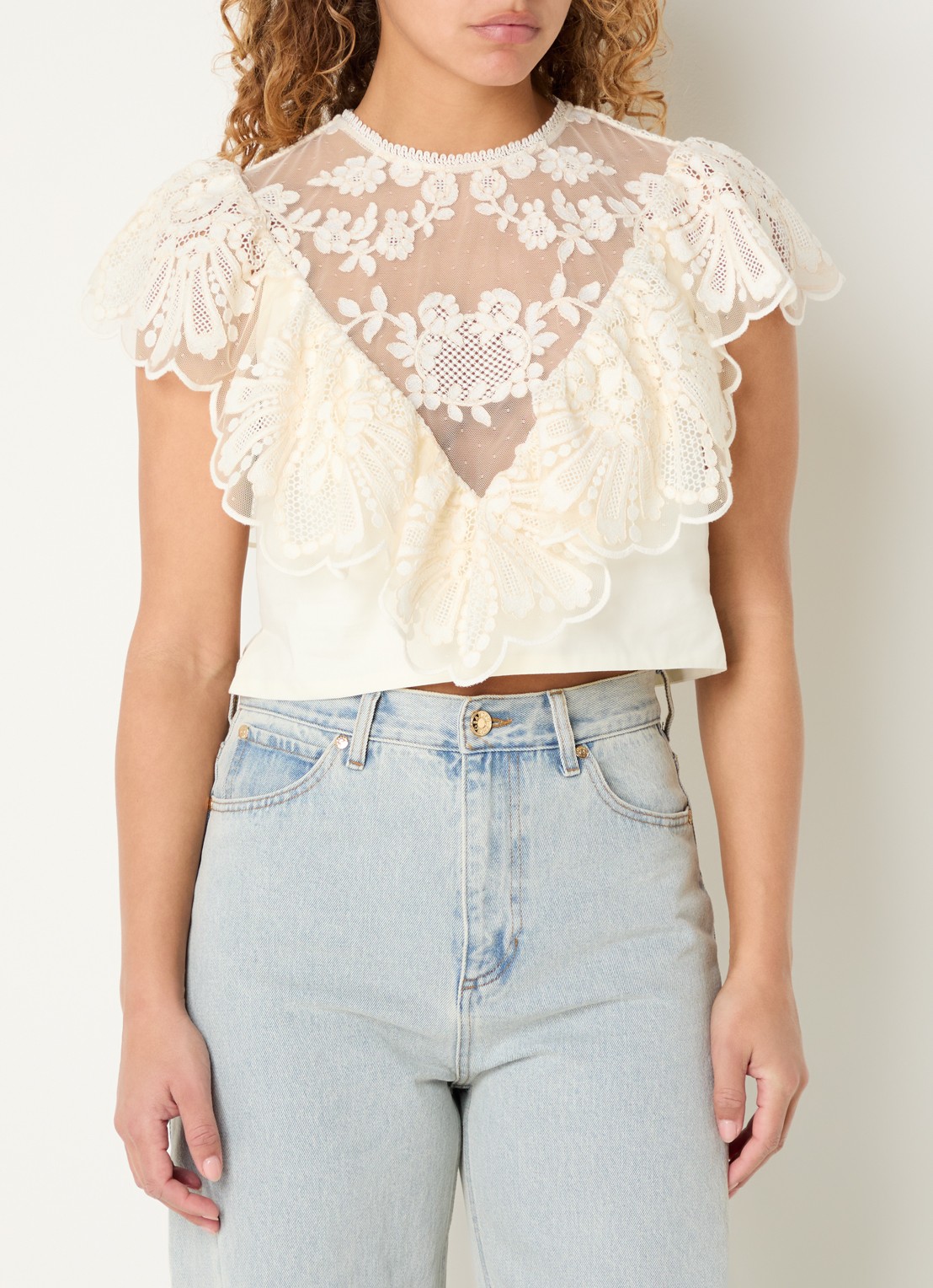 Sandro Crop top met broderie en opstaande kraag - detail 4 gebroken wit