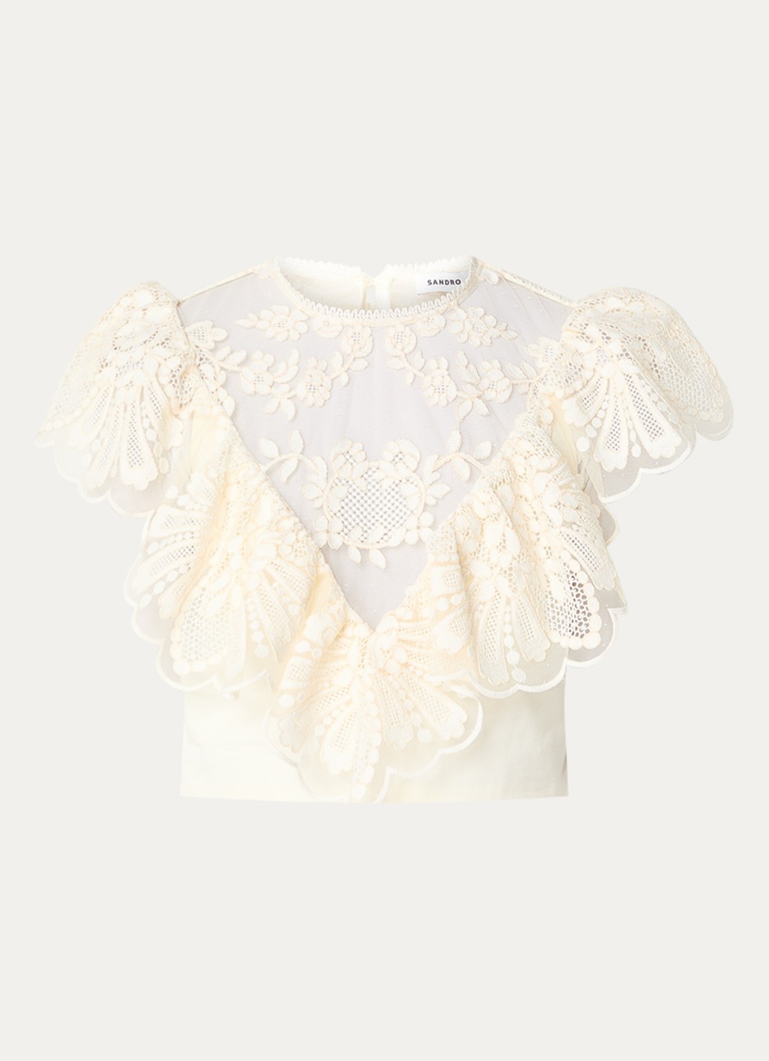 Sandro Crop top met broderie en opstaande kraag - voorkant gebroken wit