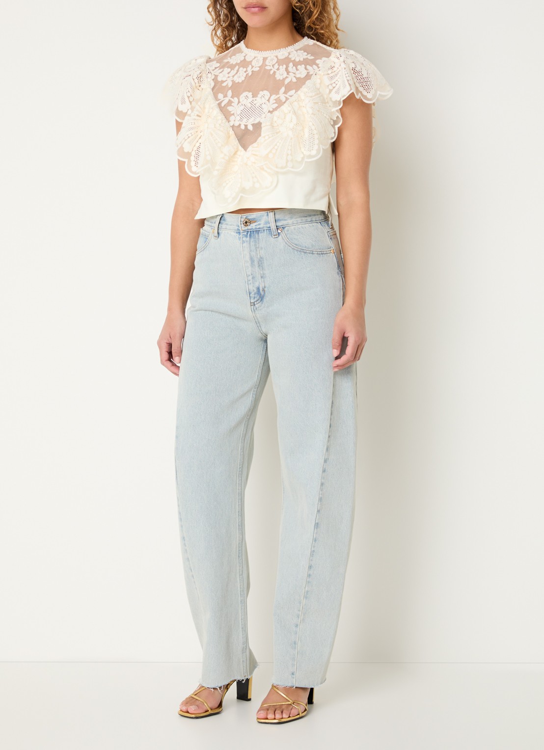 Sandro Crop top met broderie en opstaande kraag - voorkant 2 gebroken wit
