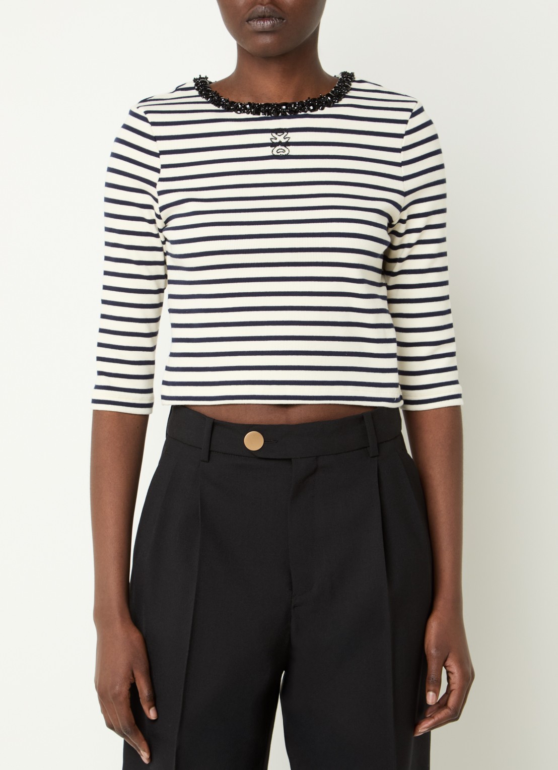 Sandro Crop top met ribstructuur en kralendecoratie - detail 4 donkerblauw