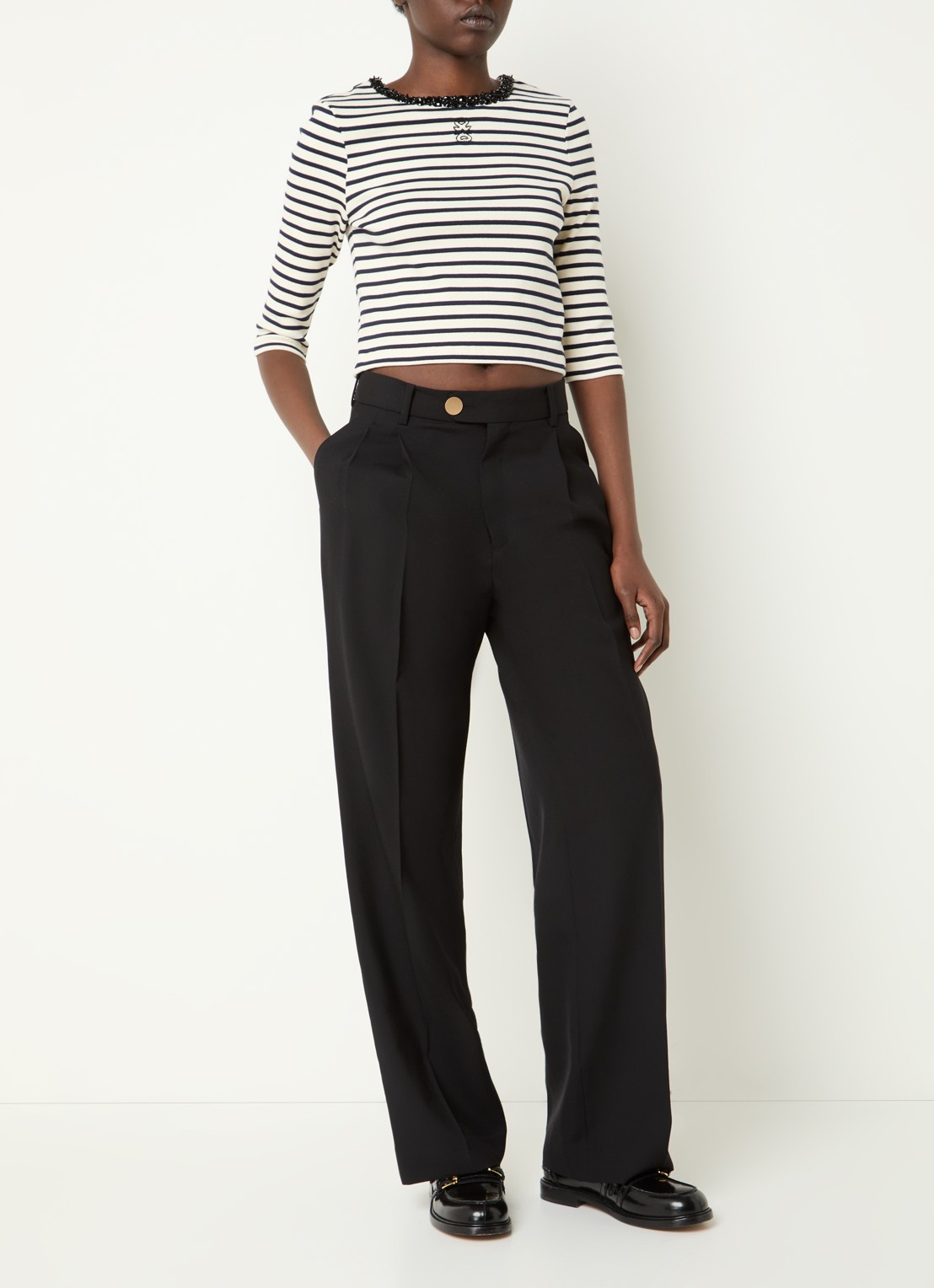 Sandro Crop top met ribstructuur en kralendecoratie - voorkant 3 donkerblauw