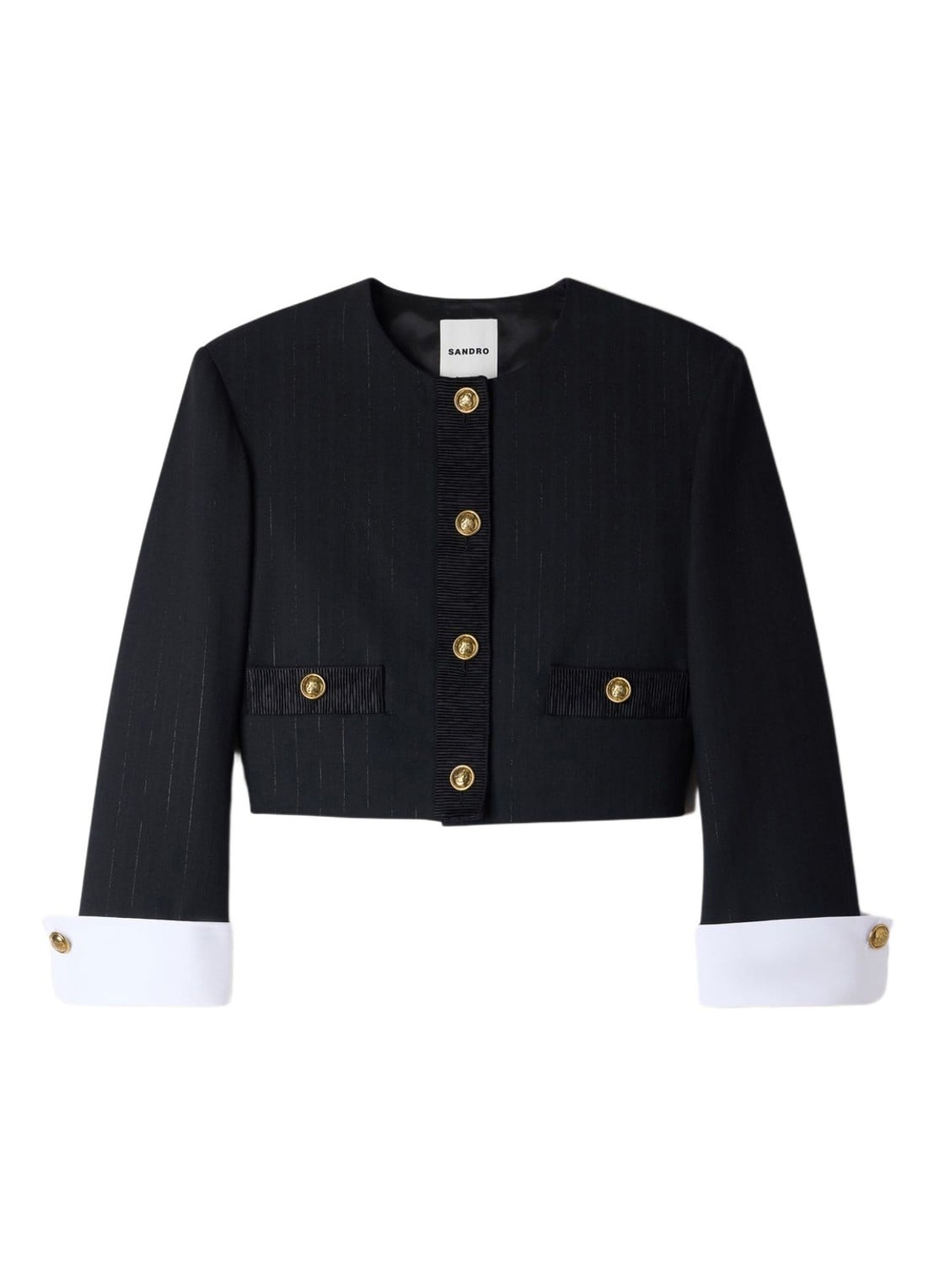 Sandro Cropped blazer in wolblend met lurex en krijtstreep - voorkant 2 zwart