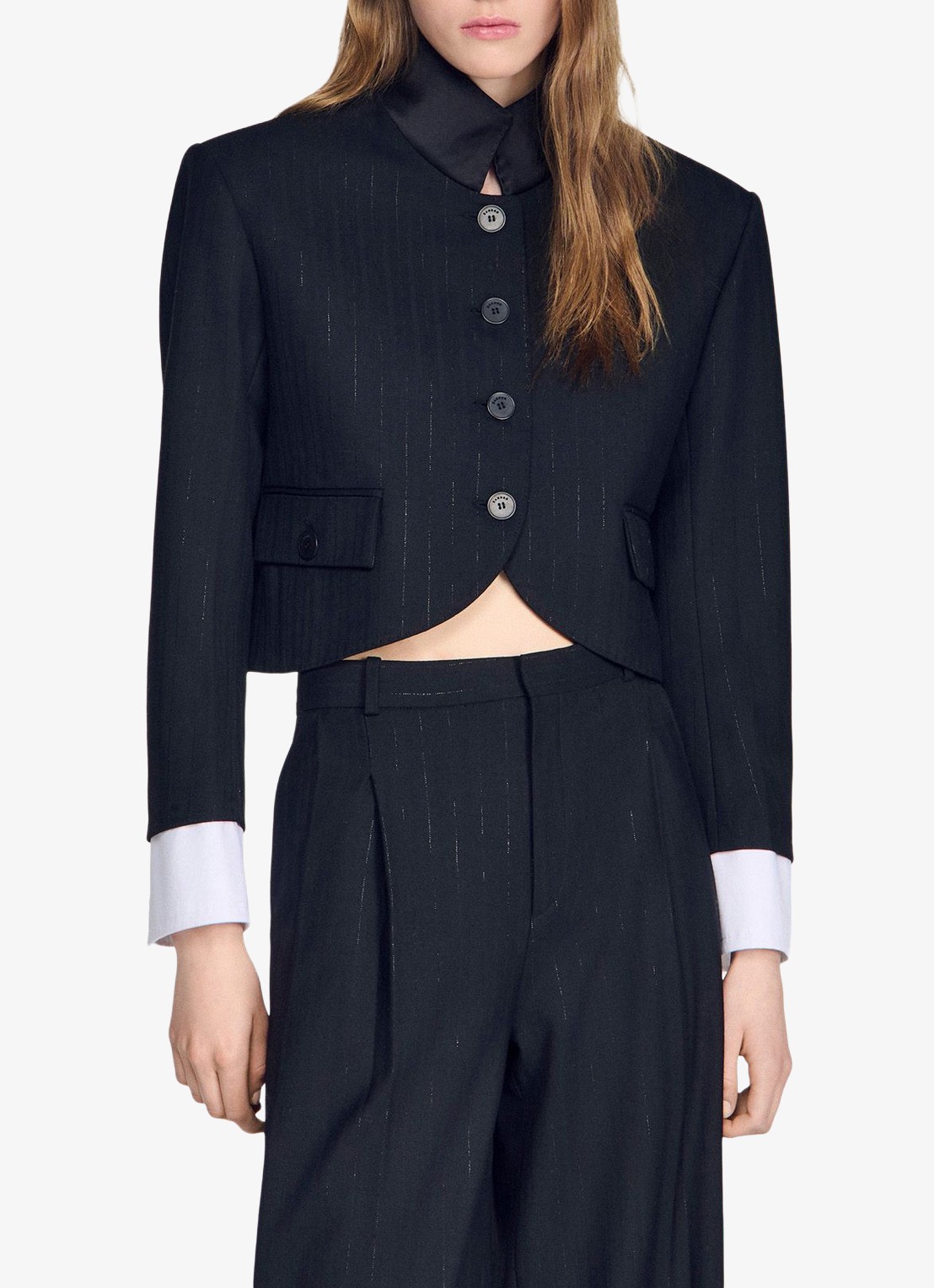 Sandro Cropped blazer in wolblend met lurex en opstaande kraag - detail 3 zwart