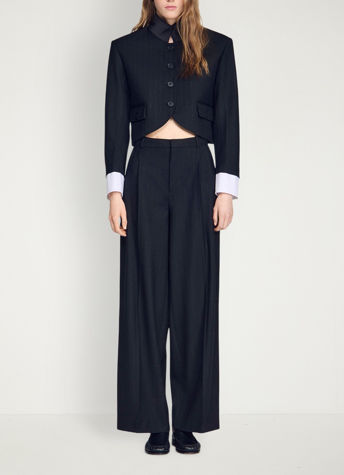Sandro Cropped blazer in wolblend met lurex en opstaande kraag - detail 4 zwart
