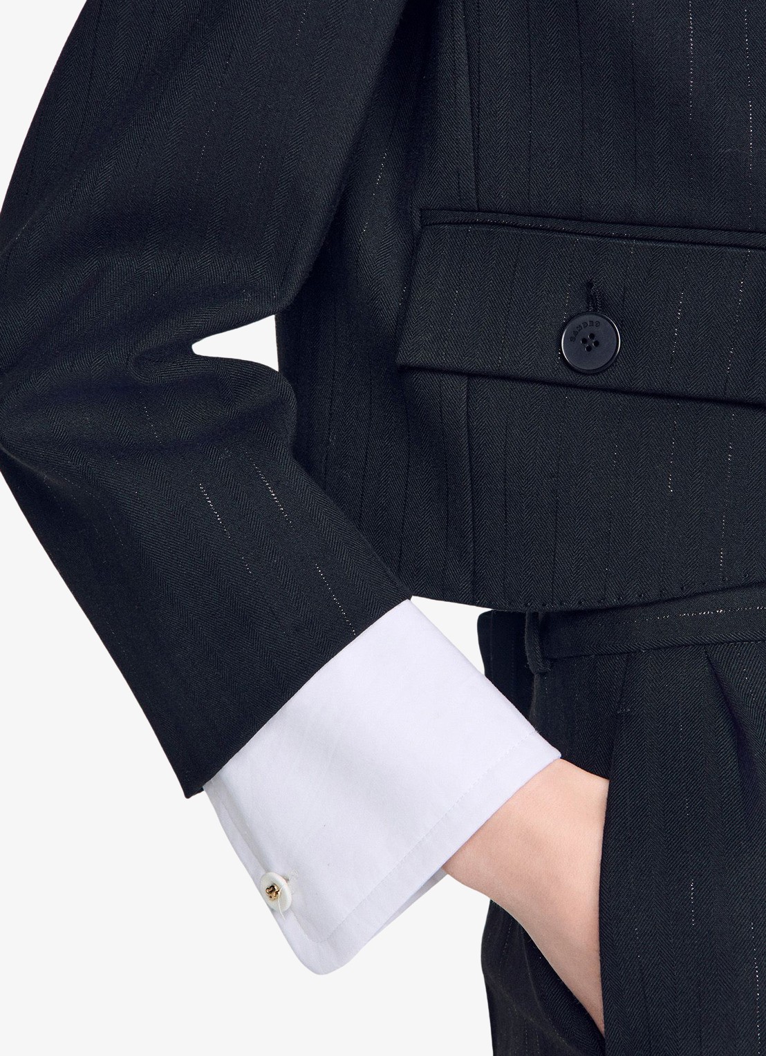 Sandro Cropped blazer in wolblend met lurex en opstaande kraag - detail 5 zwart