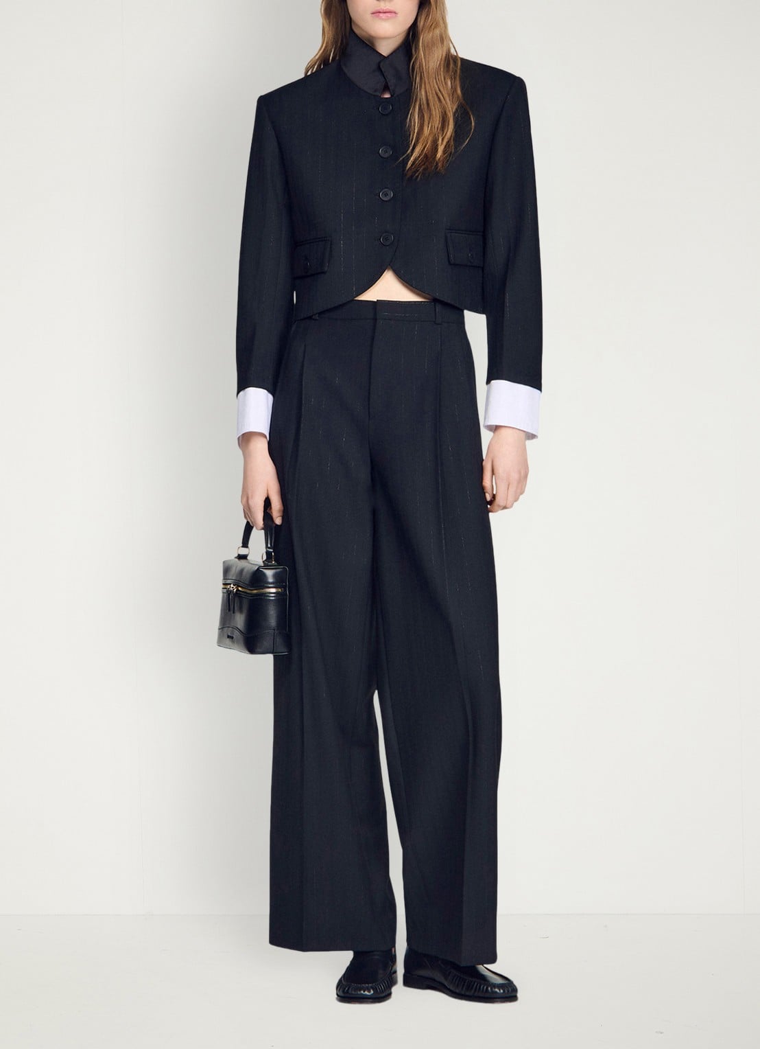 Sandro Cropped blazer in wolblend met lurex en opstaande kraag - voorkant 2 zwart