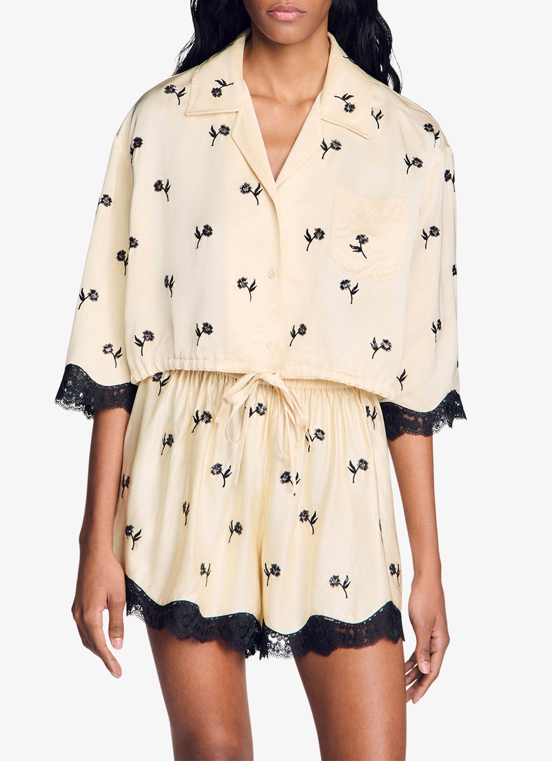 Sandro Cropped blouse met print en details van kant - detail 6 vanilla / beige
