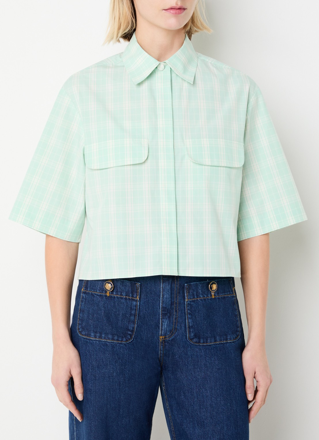 Sandro Cropped blouse met ruitdessin en klepzakken - detail 4 lichtgroen