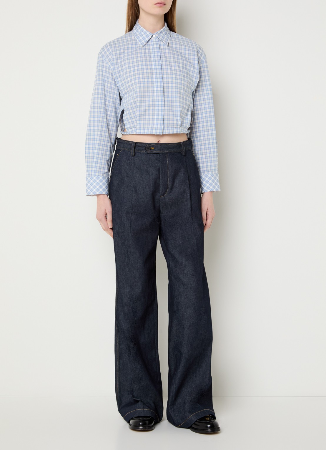 Sandro Cropped blouse met ruitdessin - voorkant 3 lichtblauw
