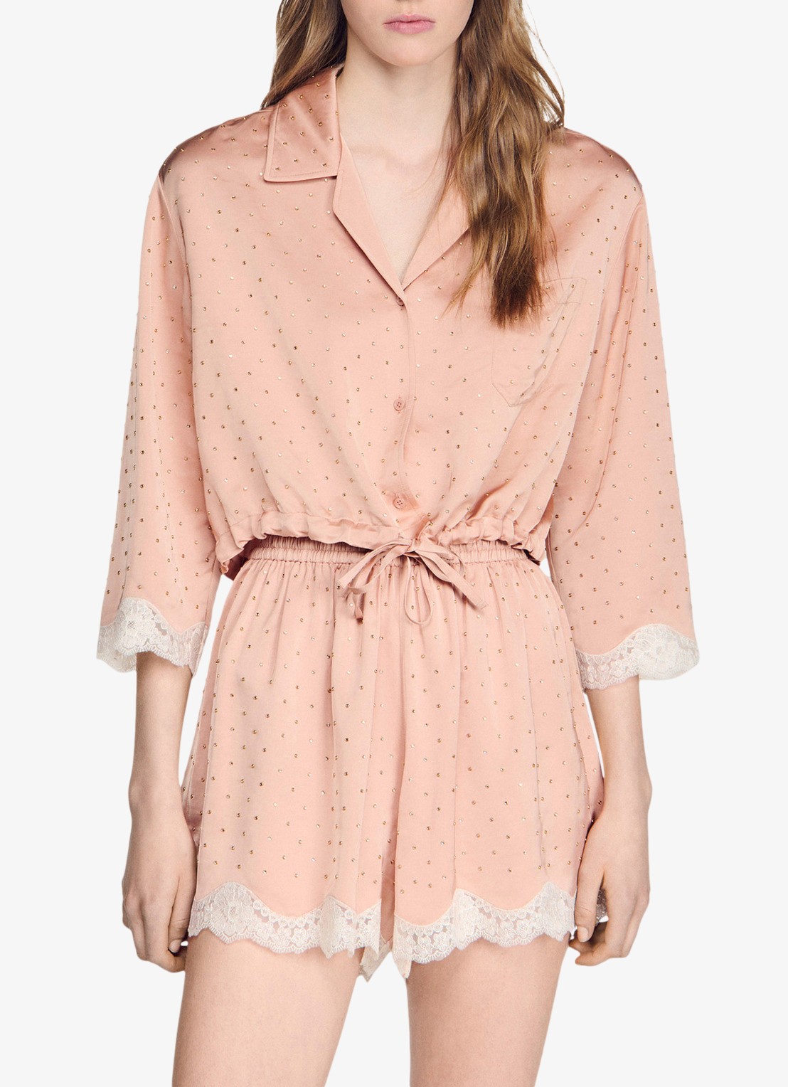Sandro Cropped blouse met strass en details van kant - detail 4 nude / wit