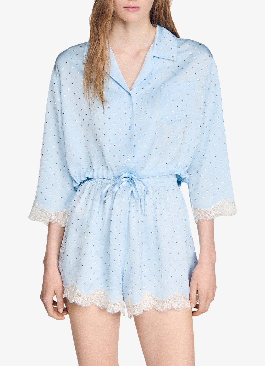 Sandro Cropped blouse met strass en details van kant - detail 4 lichtblauw