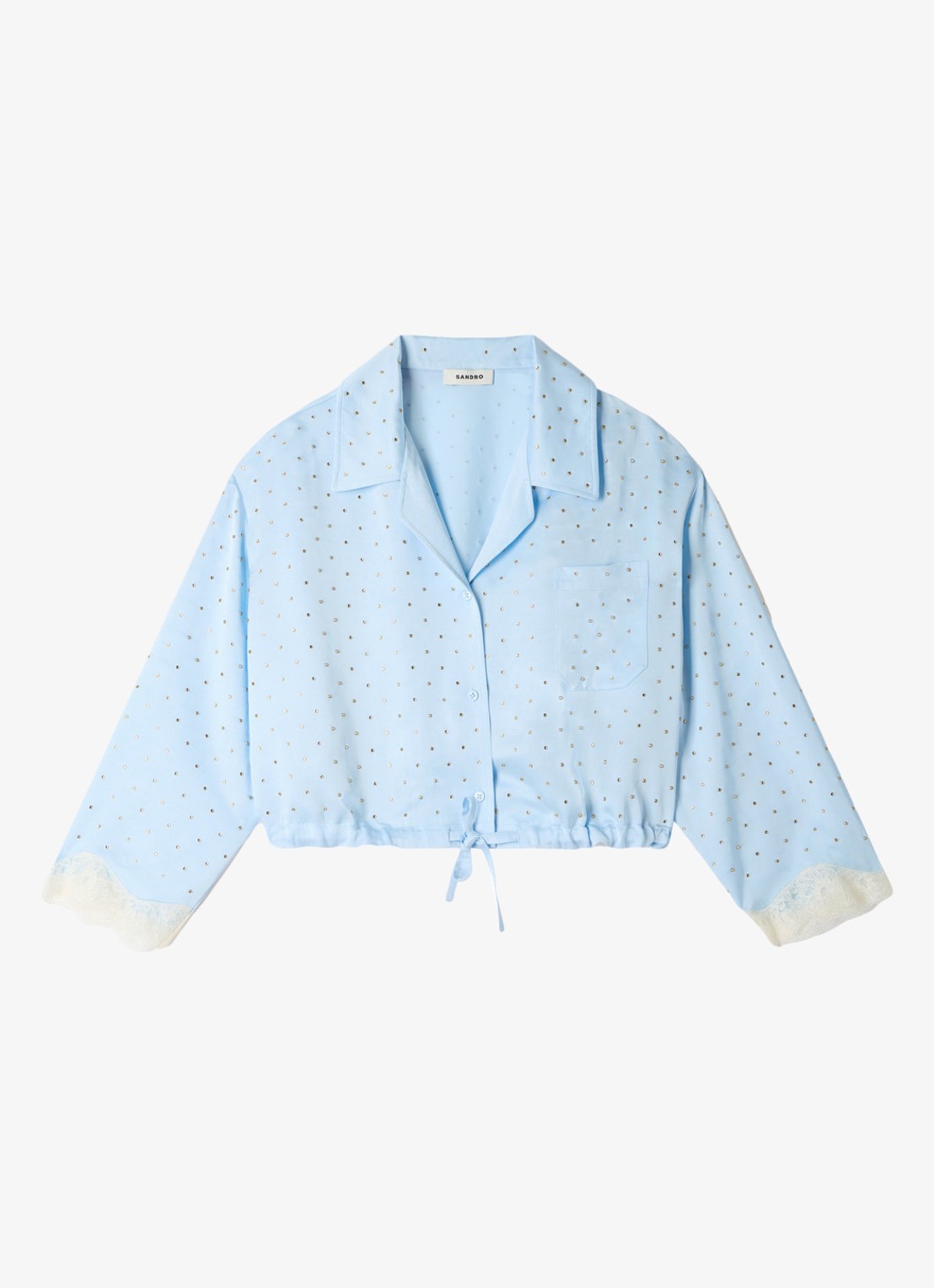 Sandro Cropped blouse met strass en details van kant - voorkant 2 lichtblauw