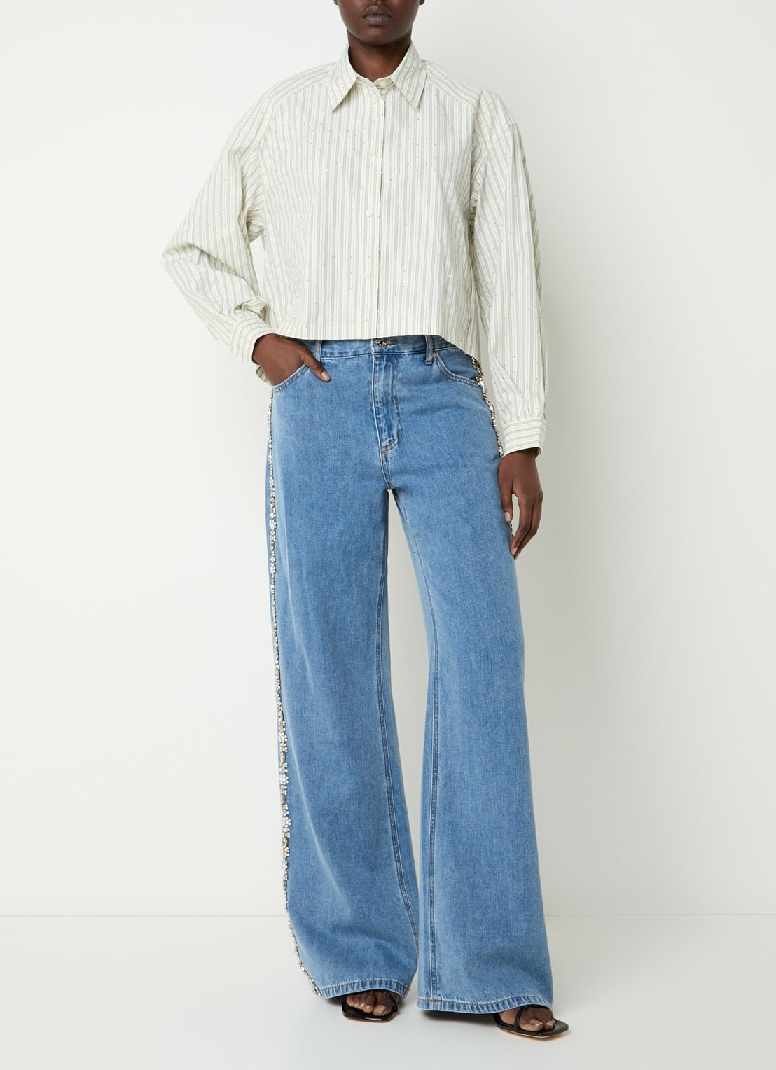 Sandro Cropped blouse met streepprint en strass - voorkant 4 creme