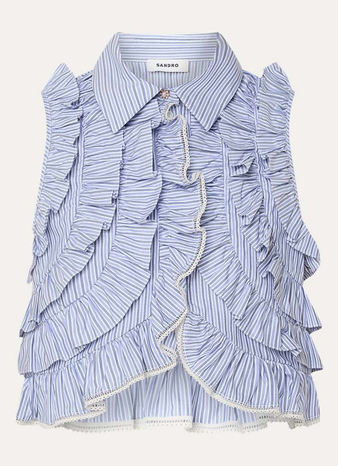 Sandro Cropped blouse met streepprint en volant - voorkant 2 blauw