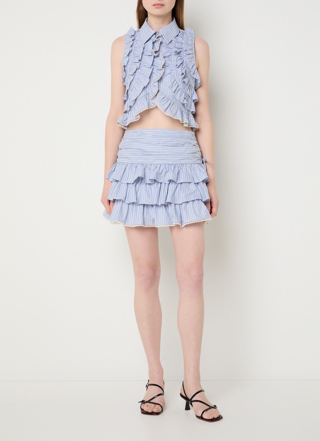 Sandro Cropped blouse met streepprint en volant - voorkant 3 blauw