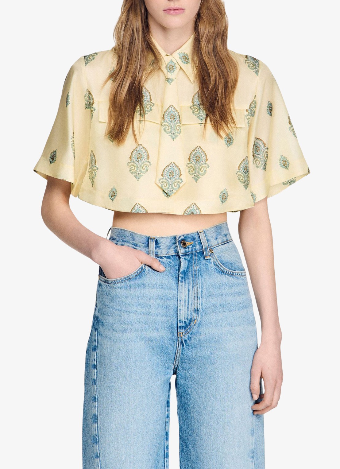 Sandro Cropped blouse met stropdas en paisley dessin - detail 4 lichtgeel