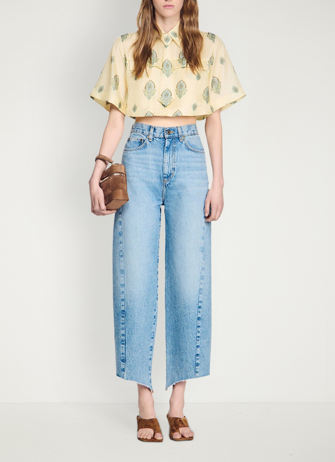 Sandro Cropped blouse met stropdas en paisley dessin - voorkant 3 lichtgeel