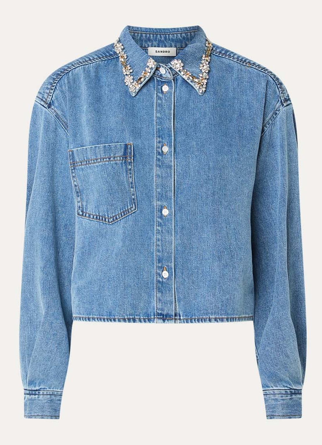 Sandro Cropped blouse van denim met strass - voorkant 2 blauw