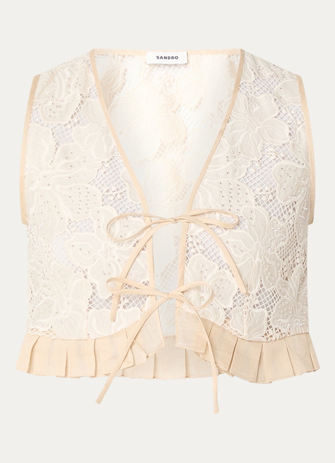 Sandro Cropped gilet van broderie met strass - voorkant 2 beige