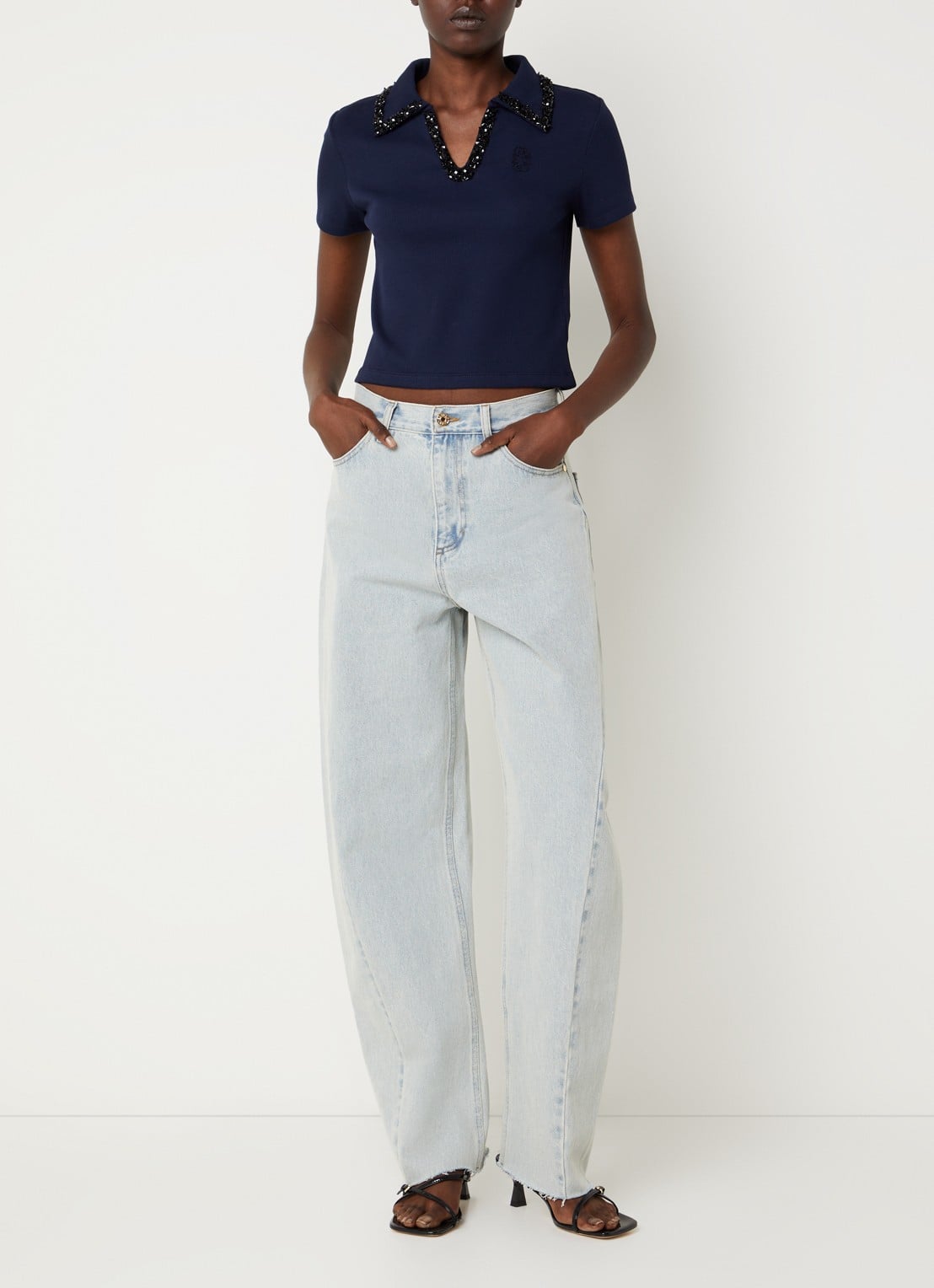 Sandro Cropped polo met strass en logo - voorkant 2 donkerblauw