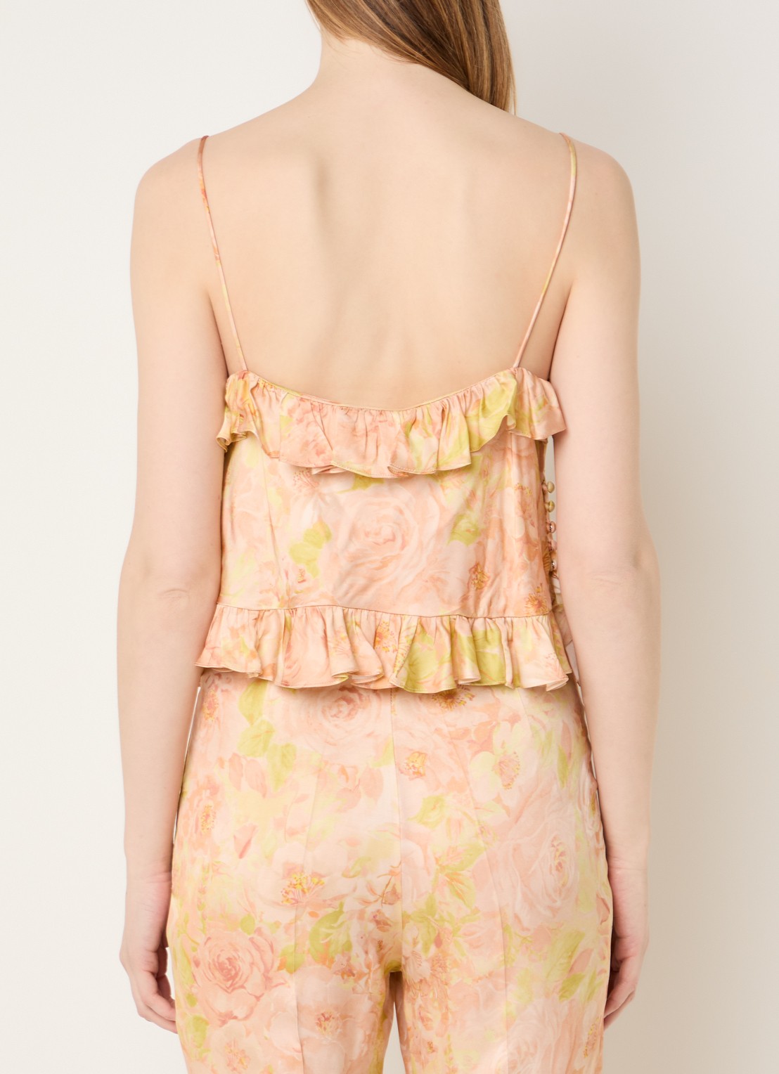 Sandro Cropped spaghettitop met bloemenprint en ruches - achterkant 4 zalmroze