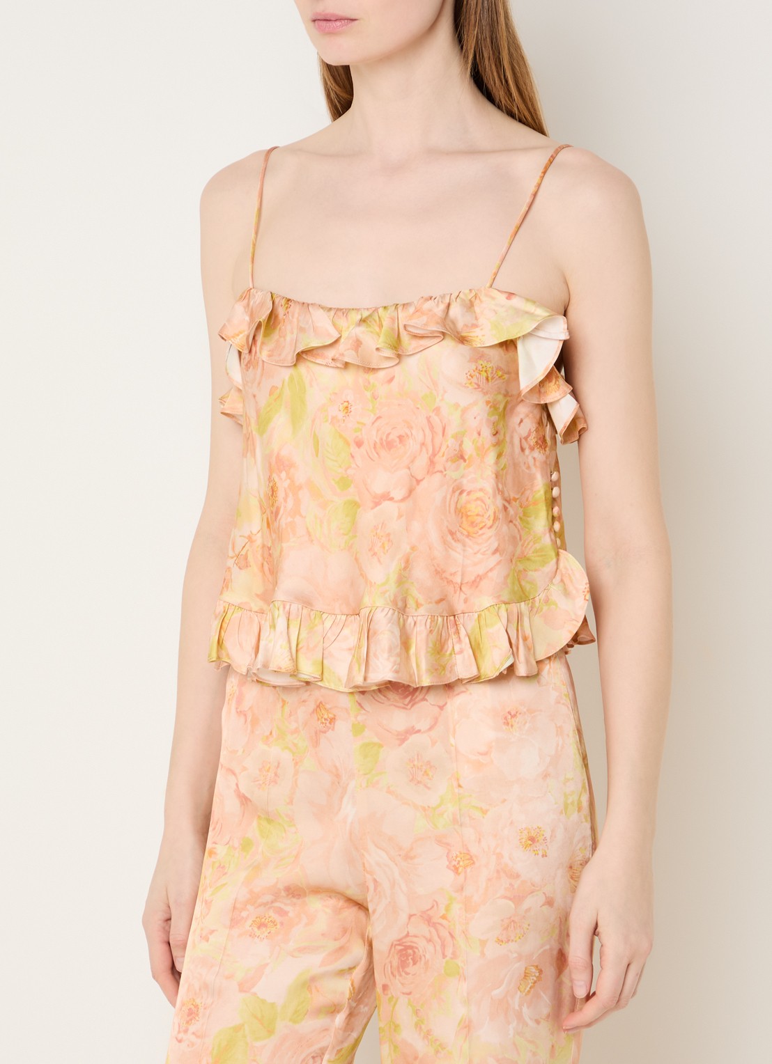 Sandro Cropped spaghettitop met bloemenprint en ruches - detail zalmroze