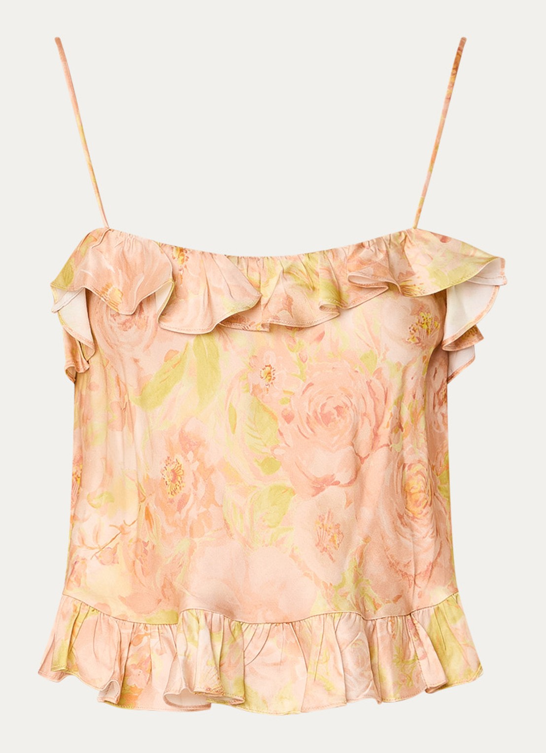 Sandro Cropped spaghettitop met bloemenprint en ruches - voorkant 2 zalmroze