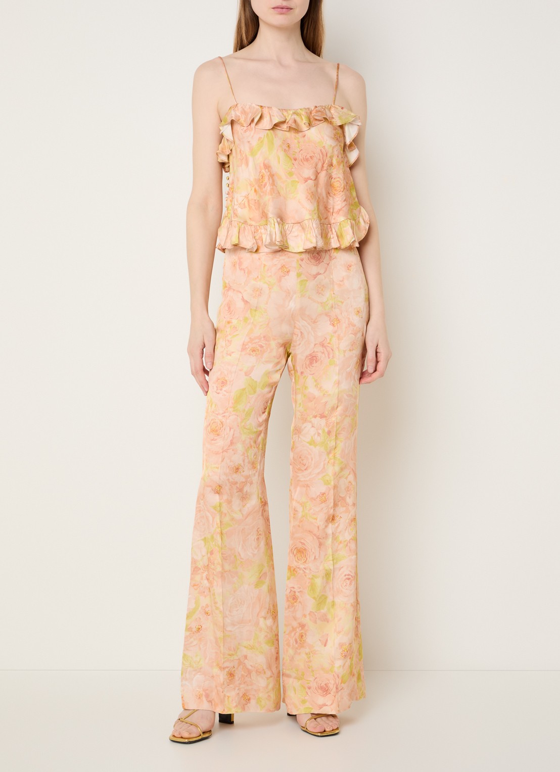 Sandro Cropped spaghettitop met bloemenprint en ruches - voorkant 3 zalmroze
