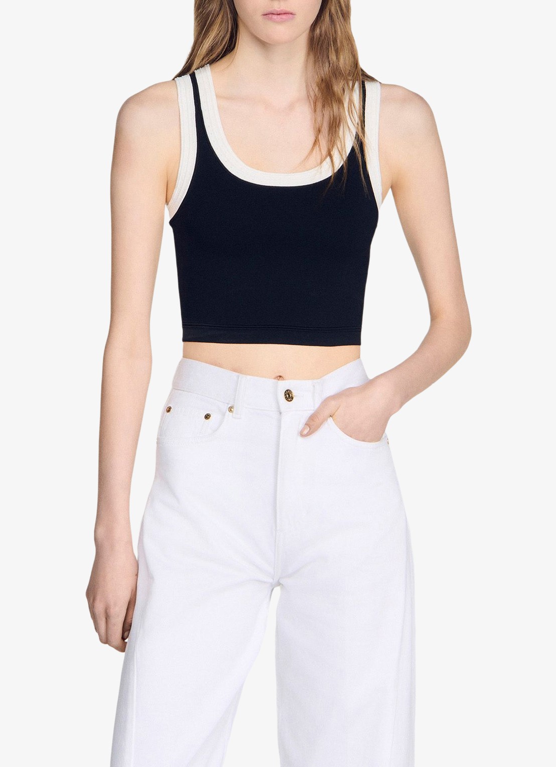 Sandro Cropped tanktop met contrasterende kleuren - detail 2 zwart